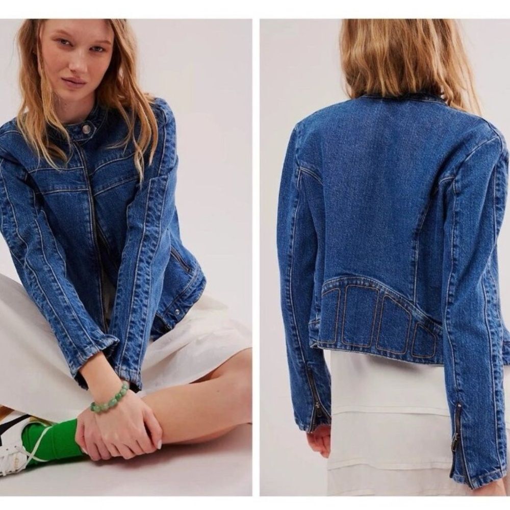 Free People We The Free Fast Lane Motto Denim Jacket Medium